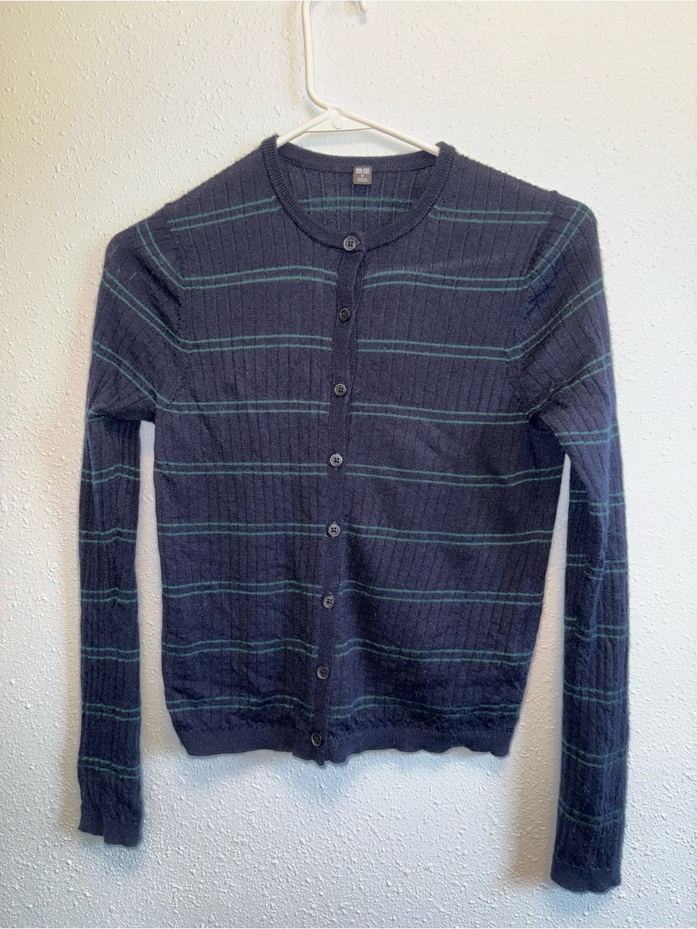 Uniqlo Wool Navy Cardigan with Teal Stripe Detail